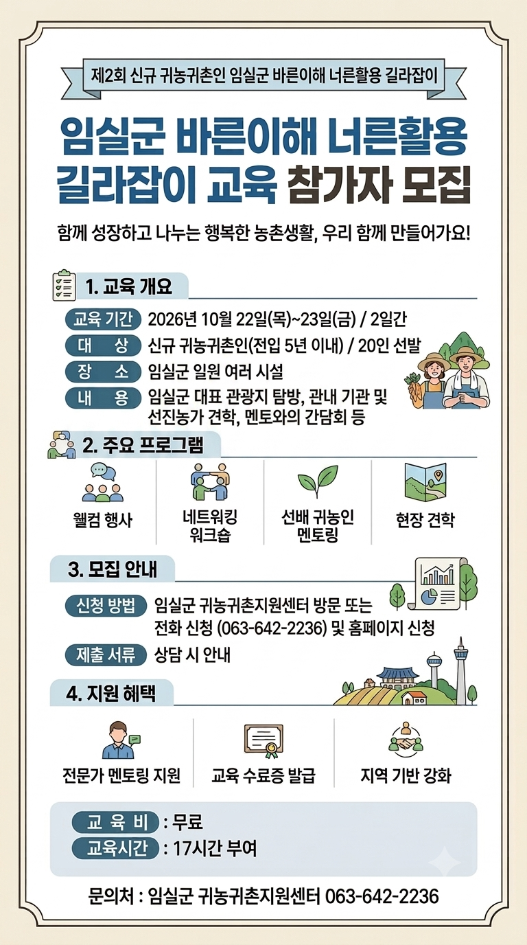 신규 귀농귀촌인 임실군 바른이해 너른활용 길라잡이 교육 참가자 모집 1번째 이미지