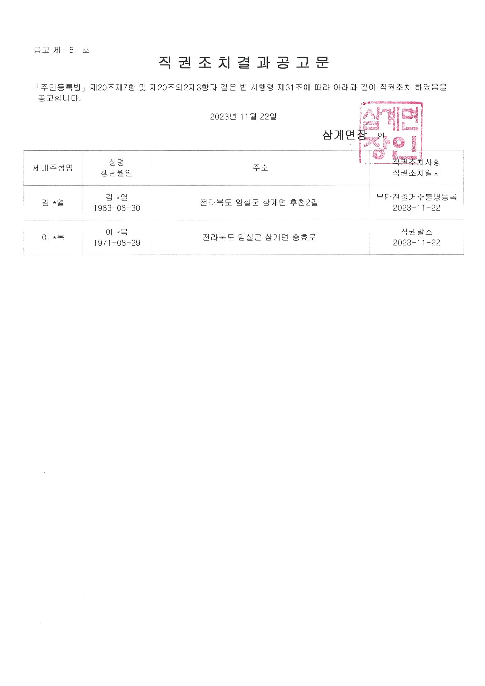 주민등록 무단전출자 및 장기거주불명자 직권조치 결과 공고 1번째 이미지