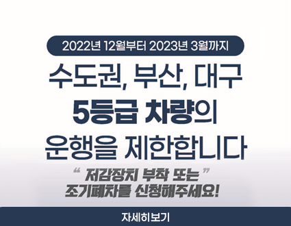 2022년 12월부터 2023년 3월까지
수도권, 부산, 대구
5등급 차량의
운행을  제한합니다

