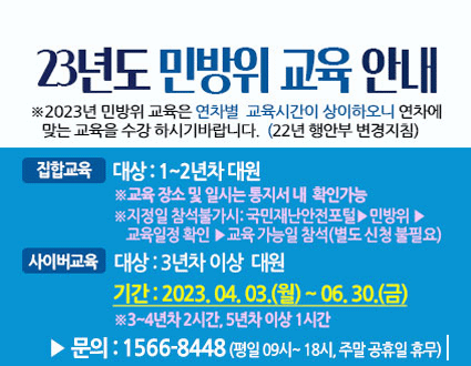 23년도 민방위 교육 안내
※ 2023년 민방위 교육은 연차별 교육시간이 상이하오니 연차에 맞는 교육을 수강 하시기 바랍니다. (22년 행안부 변경지침)

- 집합교육 / 대상  : 1~2년차 대원
※ 교육 장소 및 일시는 통지서 내 확인 가능
※ 지정일 참석불가시:국민재난안전포털 ▶민방위▶교육알정 확인▶교육 가능일 참석(별도 신청 불필요)
- 사이버 교육 / 대상 : 3년차 이상 대원
기간 : 2023.04.03.(월)~06.30.(금)
※ 3~4년차 2시간, 5년차 이상 1시간
▶ 문의 : 1566-8448 (평일 09시~18시, 주말 공휴일 휴무)