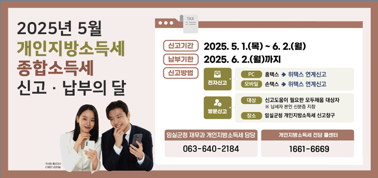 행정안전부 국세청 임실군
2025년 5월 개인지방소득세·종합소득세 신고·납부의 달 
국세청 흥보대사 신혜선 강하늘 
신고기간 2025.5.1.(목) ~ 6.2.(월) 
납부기한 2025.6.2.(월)까지 
신고방법
전자신고: pc 홈택스>위택스 연계신고 / 모바일 손택스>위택스 연계신고
방문신고: 대상 신고도움이 필요한 모두채움 대상자 ※ 납세자 본인 신분증 지참 /장소 김제시 개인지방소득세 신고창구 
임실군청 재무과 개인지방소득세 담당 063-640-2184
개인지방소득세 전담 콜센터 1661-6669