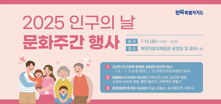 전북특별자치도
2025 인구의 날 문화주간 행사
일시 : 7.12.(토) 14:00 ~ 16:00
장소 : 어린이창의체험관 공연장 및 로비(1층)
1 2025 인구정책 콘텐츠 공모전 당선작 전시
- 7. 8. ~ 7. 11.(도청 로비), 7. 12.(어린이창의체험관 로비)
2 체험부스(14:00~15:00) 가족사진 인쇄, 임산부 체험,신생아 속싸개 체험, 룰렛 돌리기, 가족액자 만들기
3 초청공연(15:00~16:00) 마술, 버블쇼, 솜사탕공연, 아동극