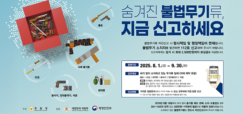 숨겨진 불법무기류, 지금 신고하세요
불법무기류 자진신고 시 형사책임 및 행정책임이 면제됩니다.
불법무기 소지자를 발견하면 112로 신고하여 주시기 바랍니다.
신고자에게는 검거 시 최대 2,500만원까지 보상금을 지급합니다.
총포 사제 총기류 도검 분사기, 전자충격기, 석궁 화약류
운영기간 2025.8.1.(금) ~ 9.30.(화)
신고대상 허가 없이 소지하고 있는 무기류 일체 (자체 제작 포함)
총포 | 도검 | 화약류 | 분사기 | 전자충격기 | 석궁
모의종모, 허가취소 후 미반납 총포·실탄 포함
칼날길이가 15cm 이상으로 위험성이 있는 갈주방용 제외
단, 접이식 칼 기준 : 제크나이프(5cm), 비출나이프(5.5cm)
신고방법 가까운 경찰관서경찰서 지구대 파출소음) 또는 군부대에 직접 방문 신고
*기간 내 직접 제출이 힘든 경우, 경찰관서와 제출방법 협의 가능
2019년 9월 19일부터 허가 없이 총기를 제조·판매·소지·수출입할 경우
3년~15년의 징역 또는 3천만원~1억원의 벌금으로 처벌이 강화되었습니다.
소지하고 있는 불법무기류는 반드시 자진신고하여 주시기 바랍니다.
주관: 경찰청 합동: 대한민국 국방부, 행정안전부