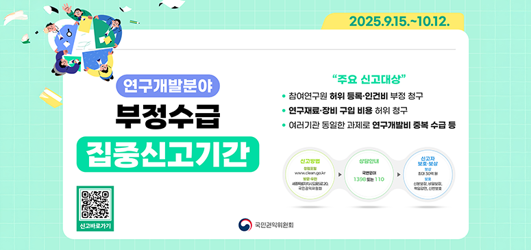 2025.9.15.-10.12.
연구개발분야 부정수급 집중신고기간

