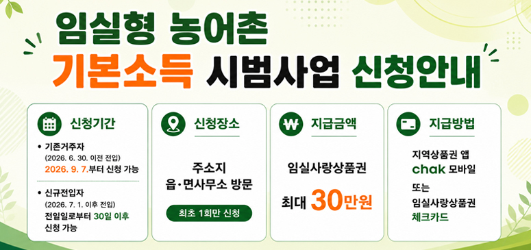 임실형 농어촌
기본소득 시범사업 신청안내
신청기간
• 기존거주자
(2026. 6. 30. 이전 전입)
2026. 9. 7.부터 신청 가능

• 신규전입자
(2026. 7. 1. 이후 전입)
전입일로부터 30일 이후 신청 가능

신청장소
주소지
읍·면사무소 방문

최초 1회만 신청

지급금액
임실사랑상품권
최대 30만원

지급방법
지역상품권 앱
chak 모바일

또는

임실사랑상품권
체크카드